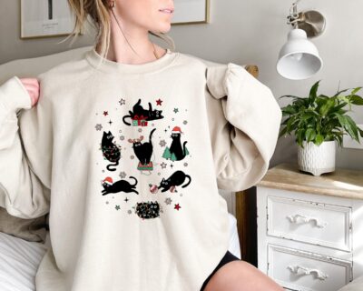 Christmas Black Cat Sweatshirt Black Cat Christmas Shirt Kitten Christmas Shirt Cat Lover Gift Casual Comfort