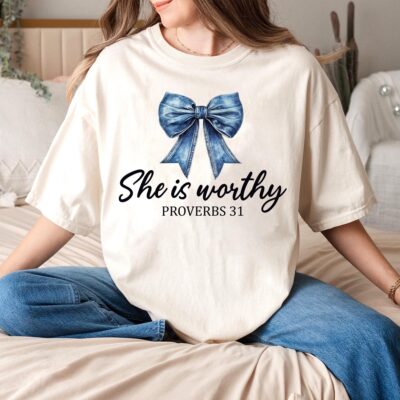 She is Worthy Bow Tee Womens Christian Shirts Cute Christian Coquette Sweatshirt Girly Faith Shirt