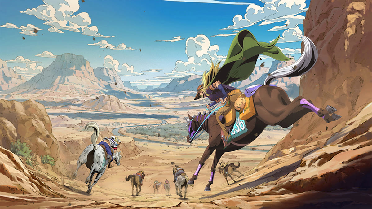 Gyro Zeppeli galloping downhill with his green cloak flying as other riders race across the desert canyon in Steel Ball Run: JoJo's Bizarre Adventure