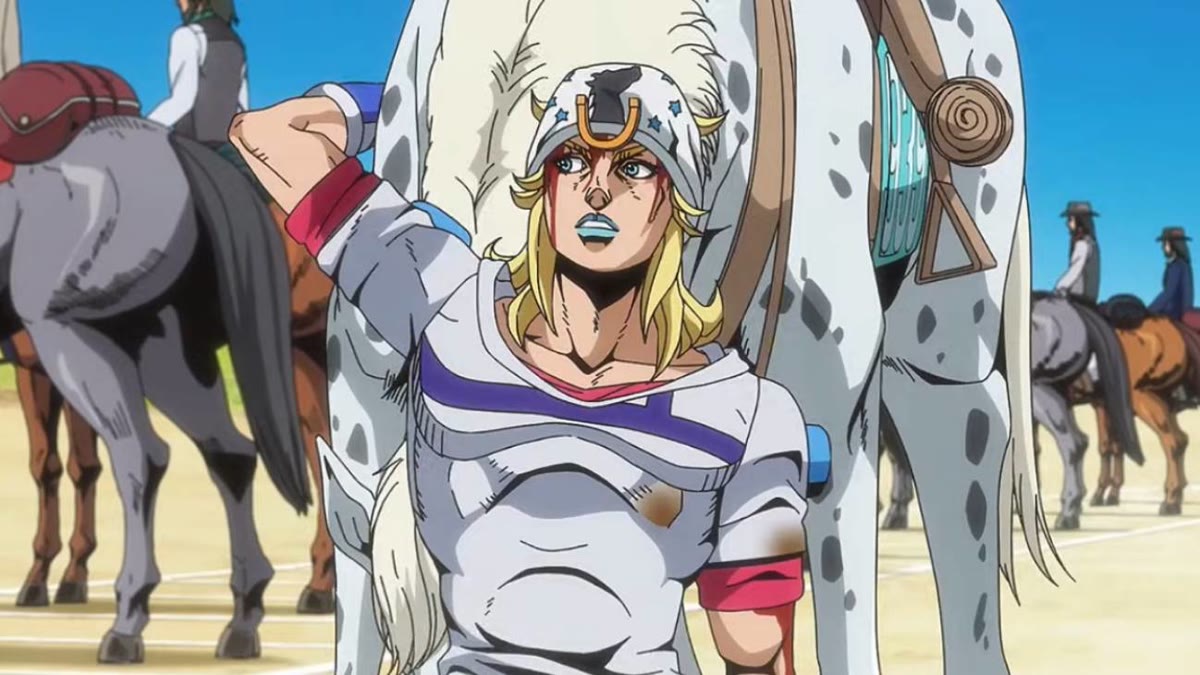 Johnny Joestar in his horseshoe hat pulling himself up onto his spotted horse at the Steel Ball Run starting line, Steel Ball Run episode 1