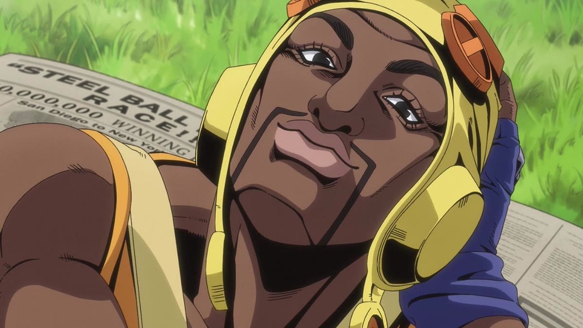 Pocoloco lying on a newspaper announcing the Steel Ball Run race from San Diego to New York with a $50,000,000 prize, Steel Ball Run Stage 1 anime